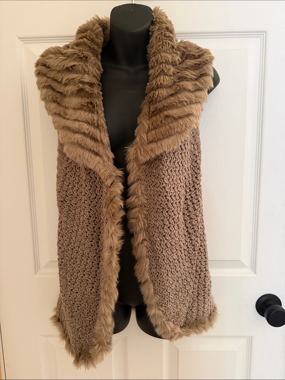 Chico's Faux Fur-Trim Knit Vest in Taupe